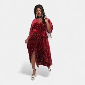 Unique Vintage *NO BELT* 1X 70s Style FringE Burgundy Velvet Star Wrap Dress